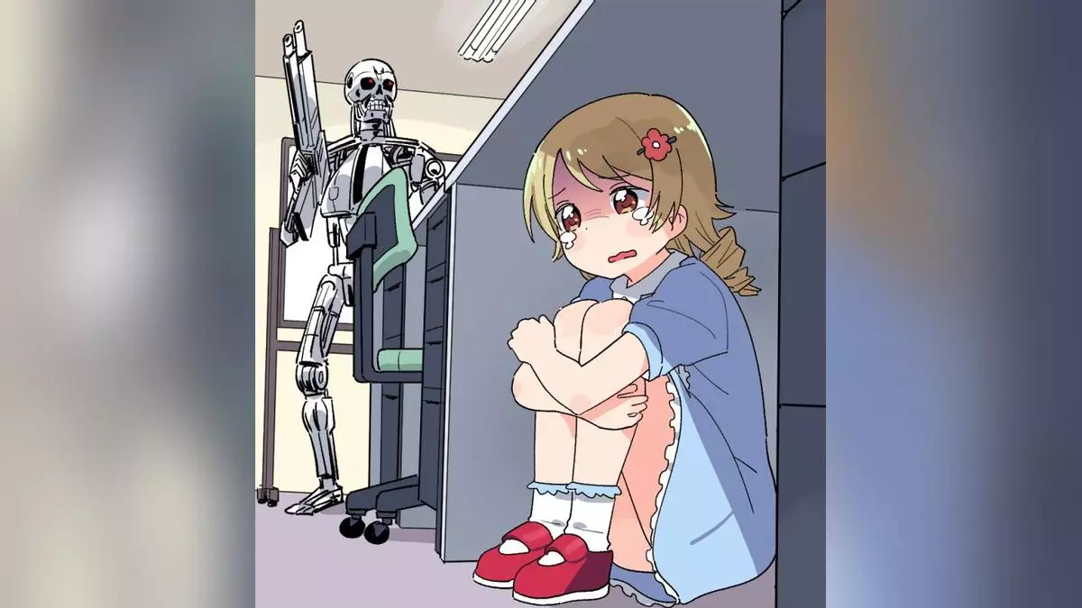 anime girl hiding from a terminator meme image