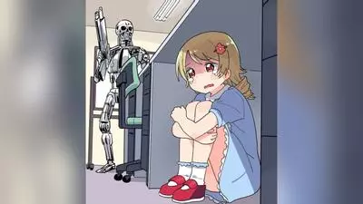 anime girl hiding from a terminator