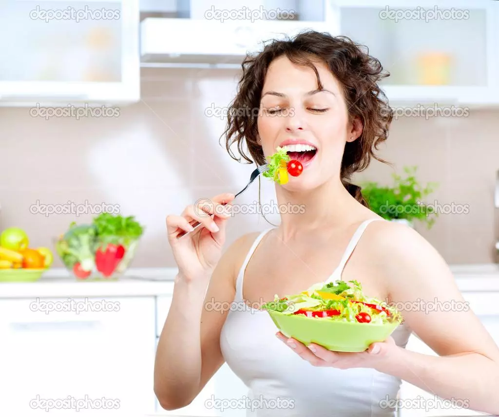 women laughing alone with salad meme image