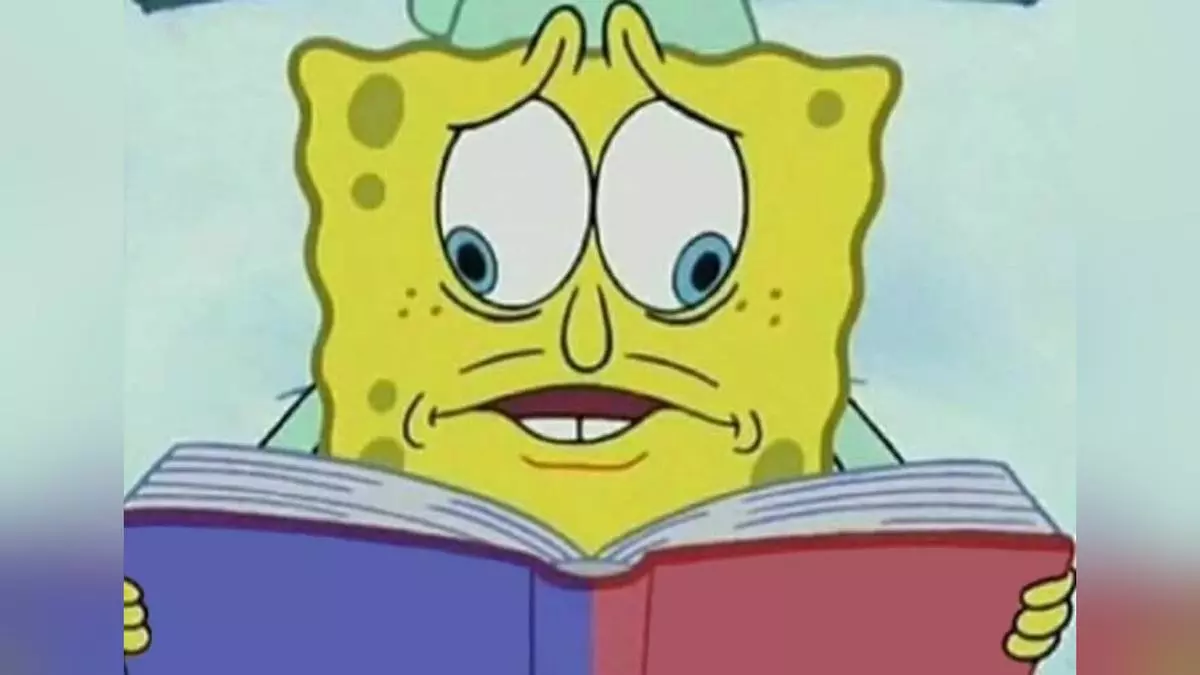 spongebob reading two pages at once meme image