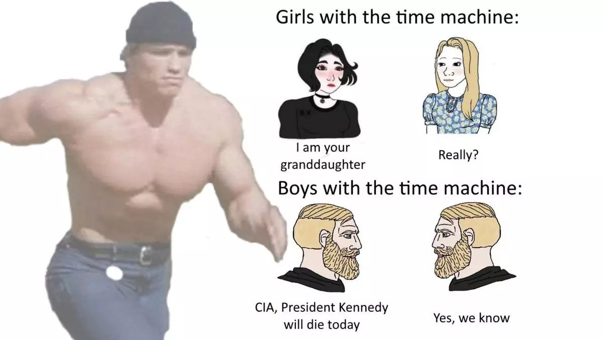 time travel is invented men with a time machine meme image